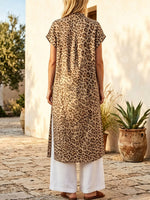 Retro Leopard Pattern Art Print Casual Side Slits Stylish Cotton Linen Shirt