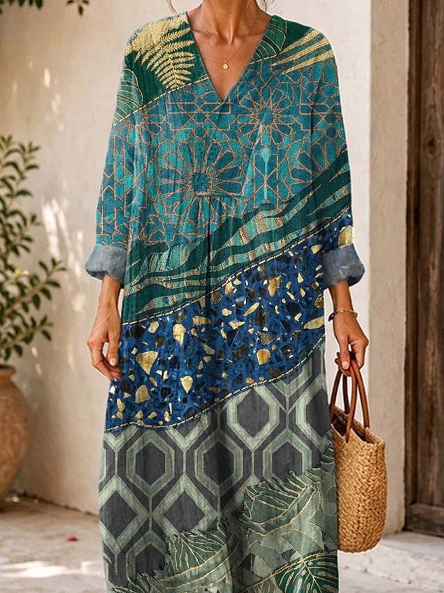 Retro Floral Patchwork Pattern Art Print Casual V-neck Long Sleeve Cotton Linen Maxi Dress