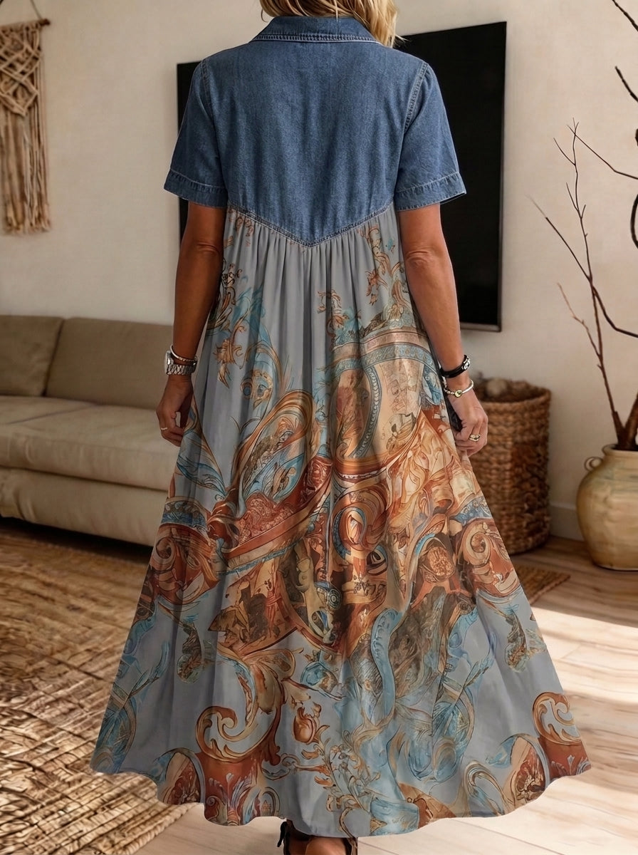 Women’s Denim Spliced Vintage Baroque Print Midi Shirt Dress With Pockets