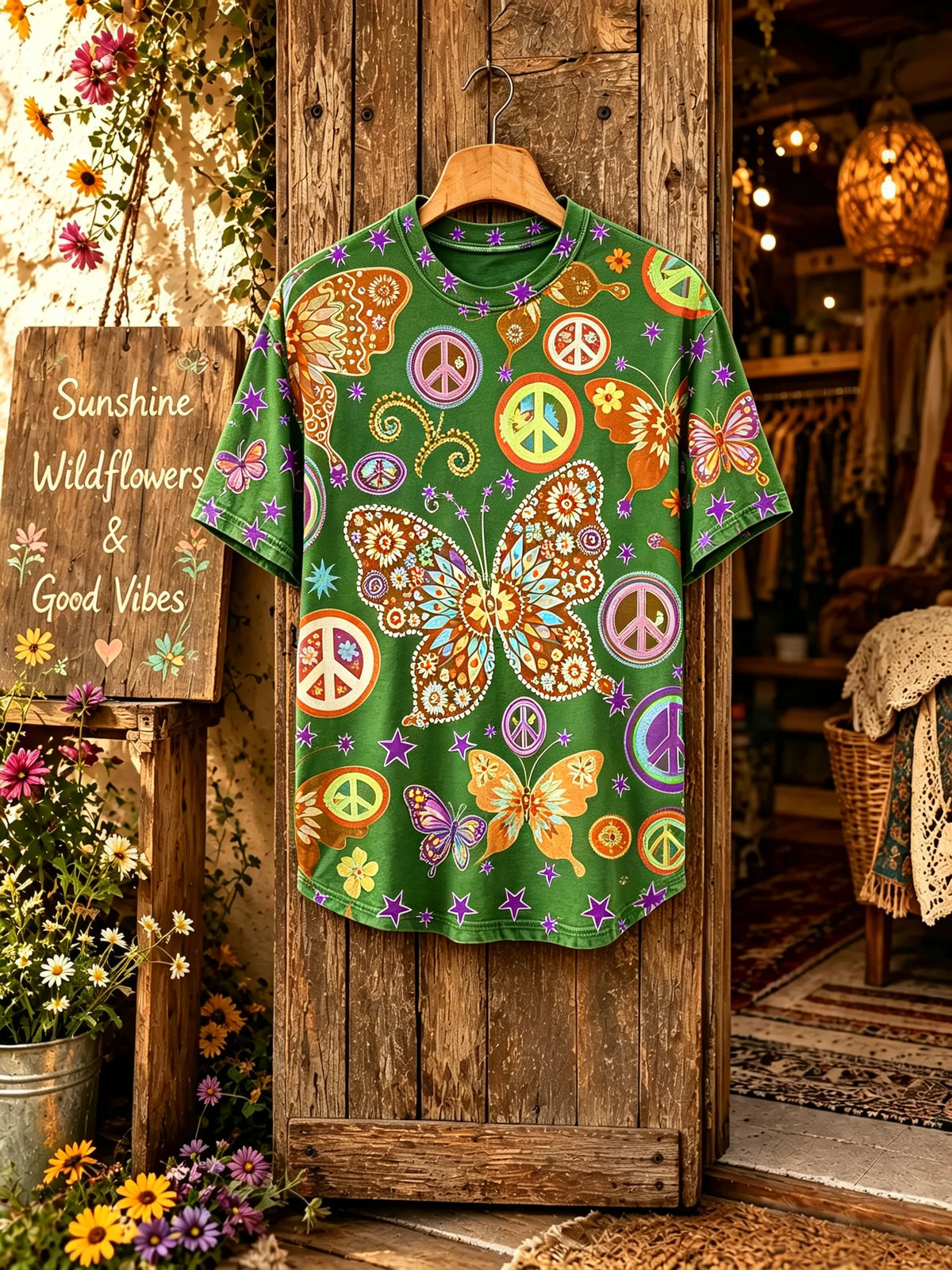 Unisex Green Butterfly Flower Peace Sign Print Short Sleeve T-Shirt