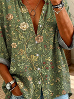 Women's Floral Pattern Art Print Casual Long Sleeve Linen Shirt