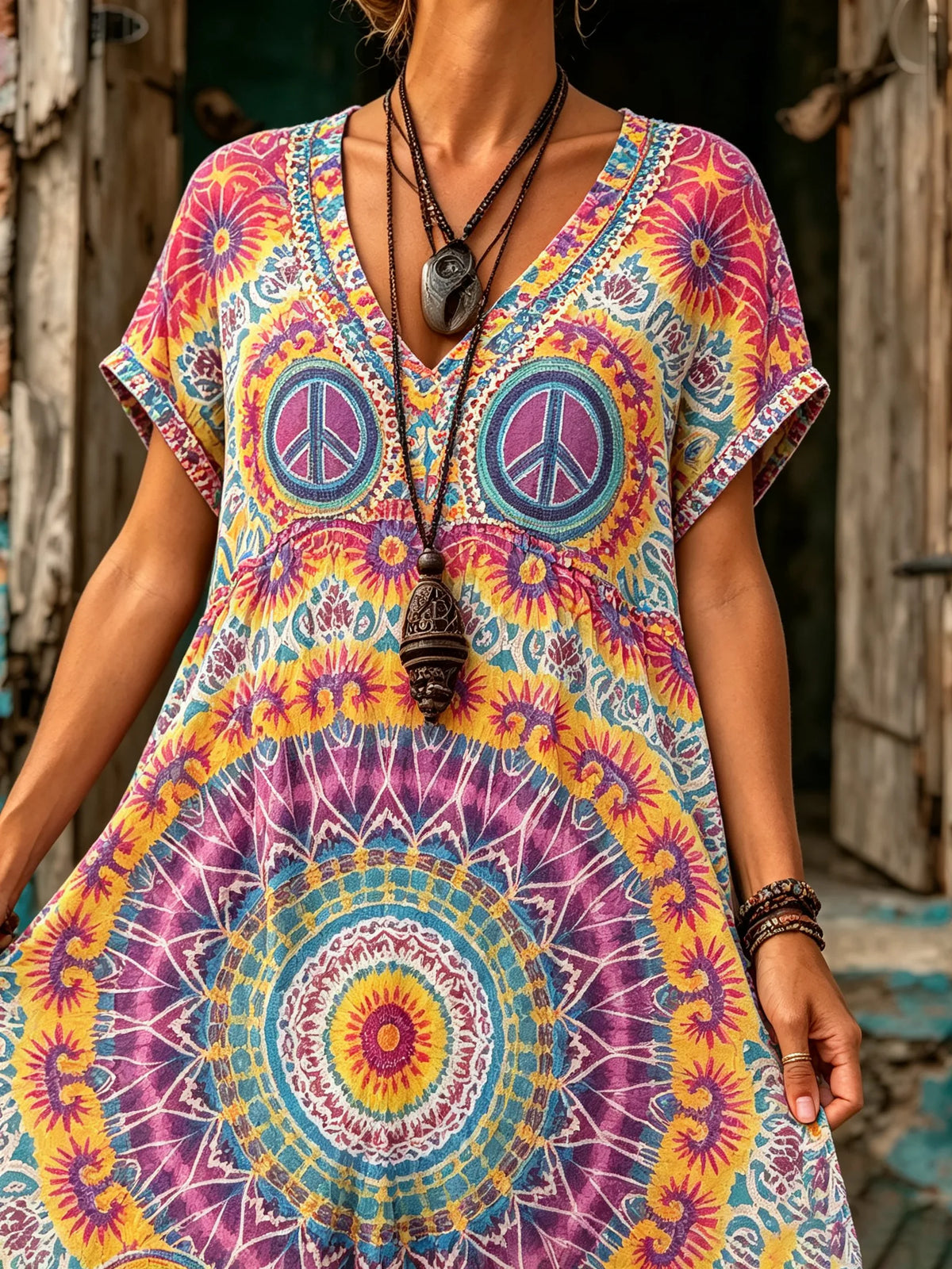 Women Mandala Peace Sign Tie-Dye Maxi Dress