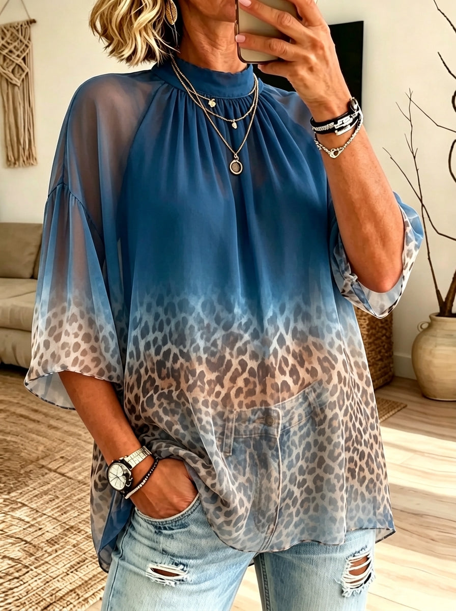 Women‘s Ombre Blue Leopard Print High Neck Flare Sleeve Chiffon Blouse