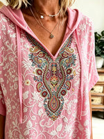 Women Paisley Floral Subtle Art Print Hooded Short Sleeve Top