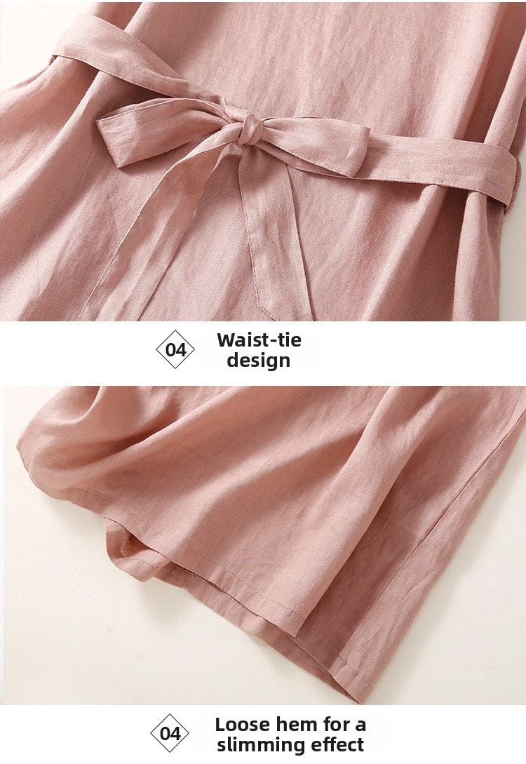 Women's Short Sleeve Belted Tie Waist Textured Linen Blend Midi Dress