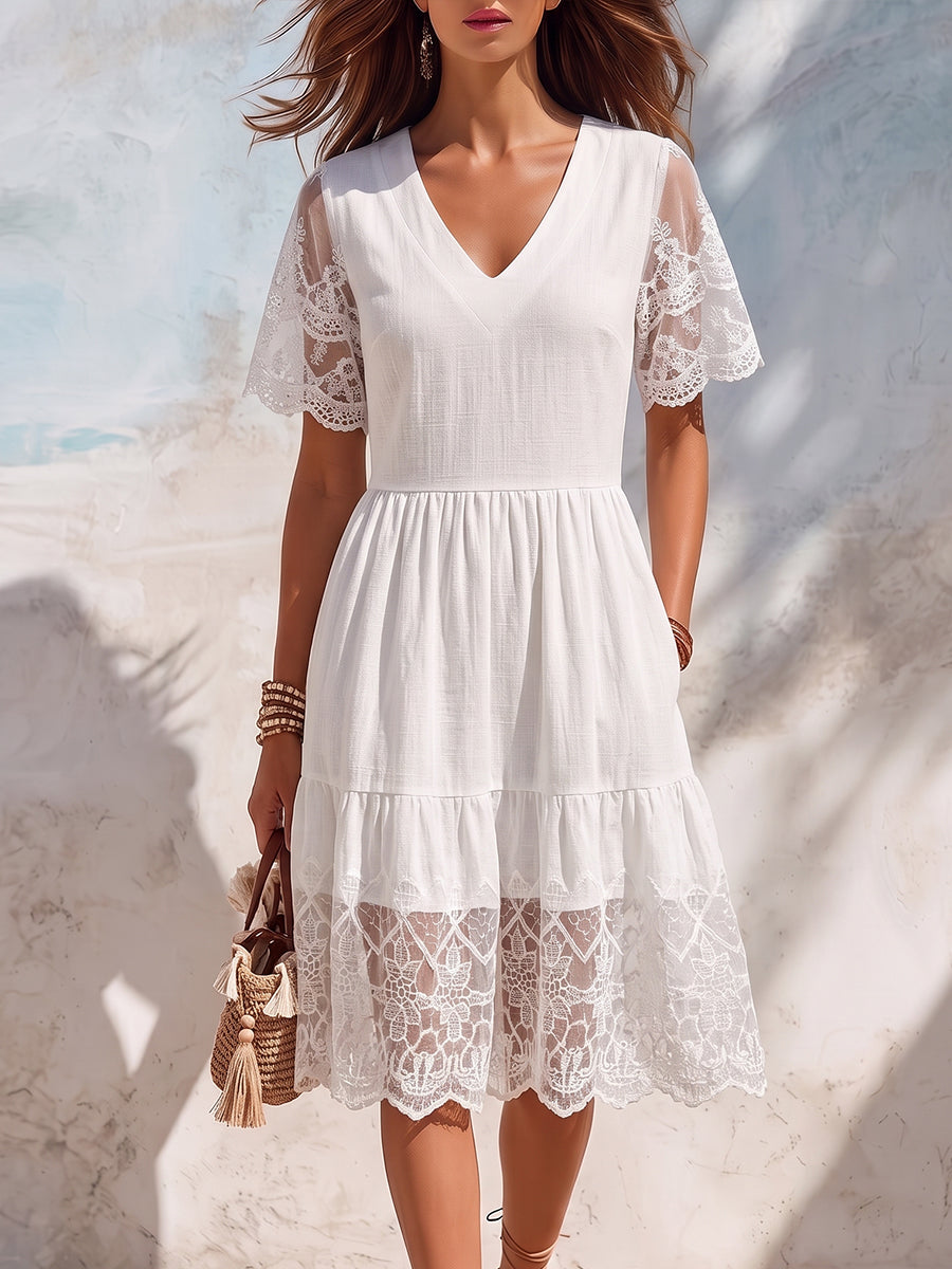 Vintage Elegant Embroidered Patchwork Cotton And Linen Dress