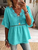 Vintage Elegant Openwork Lace Patchwork Cotton And Linen Shirt