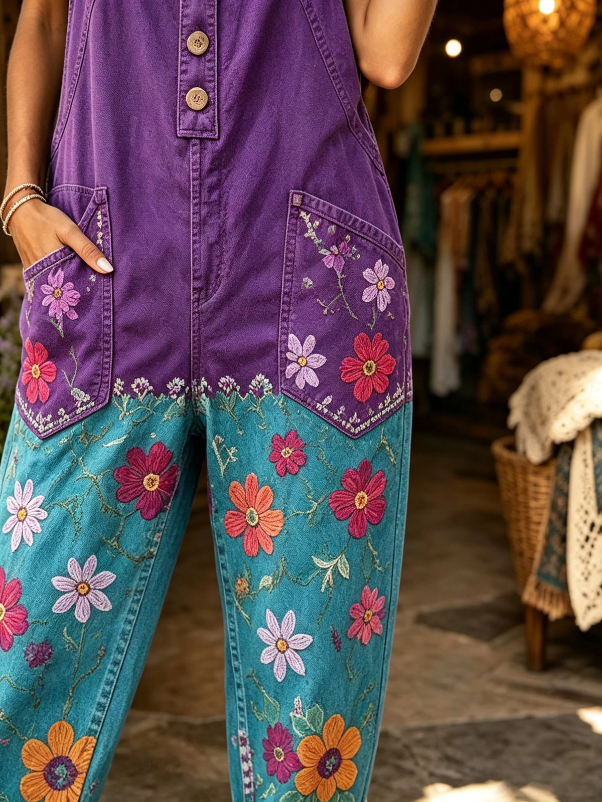 Women's Two-Tone Floral Print Overalls