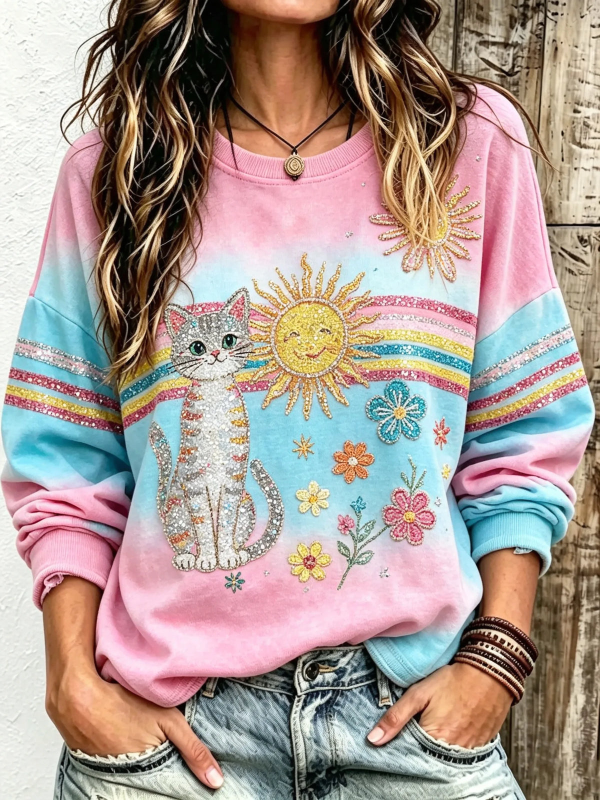 Women's Hippie Cartoon Cat Rainbow Sun Gradient Art Print Crew Neck Long Sleeve Sweatshirt