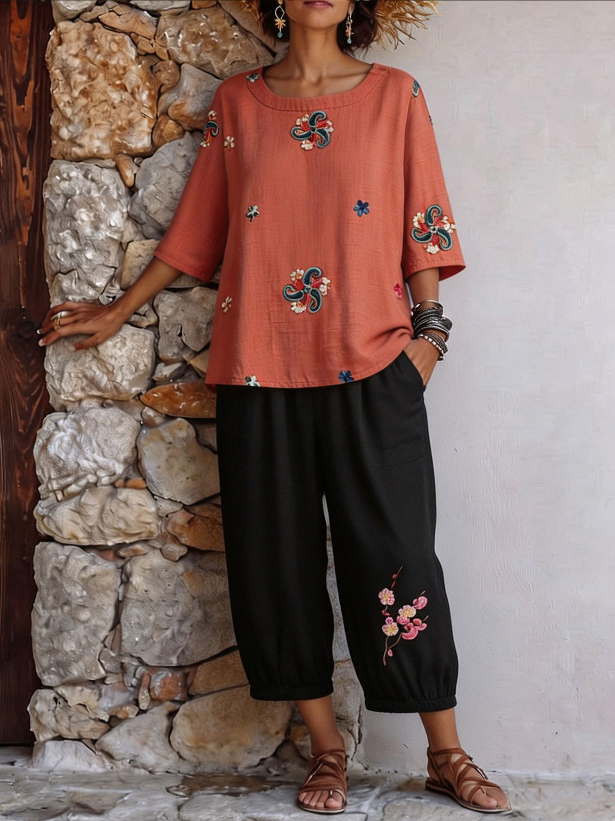 Womens’ Floral Embroidery Three Quarter Sleeve Top & Cropped Jogger Pants Two Piece Set
