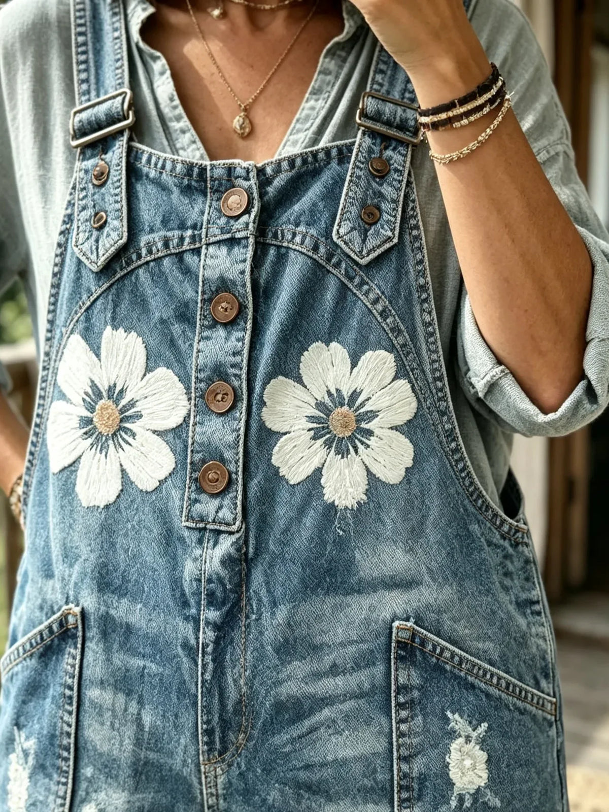 Women's Vintage Floral Washed Denim Overalls