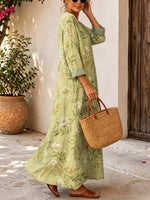 Retro Floral Pattern Art Print Casual V-neck Long Sleeve Cotton Linen Maxi Dress