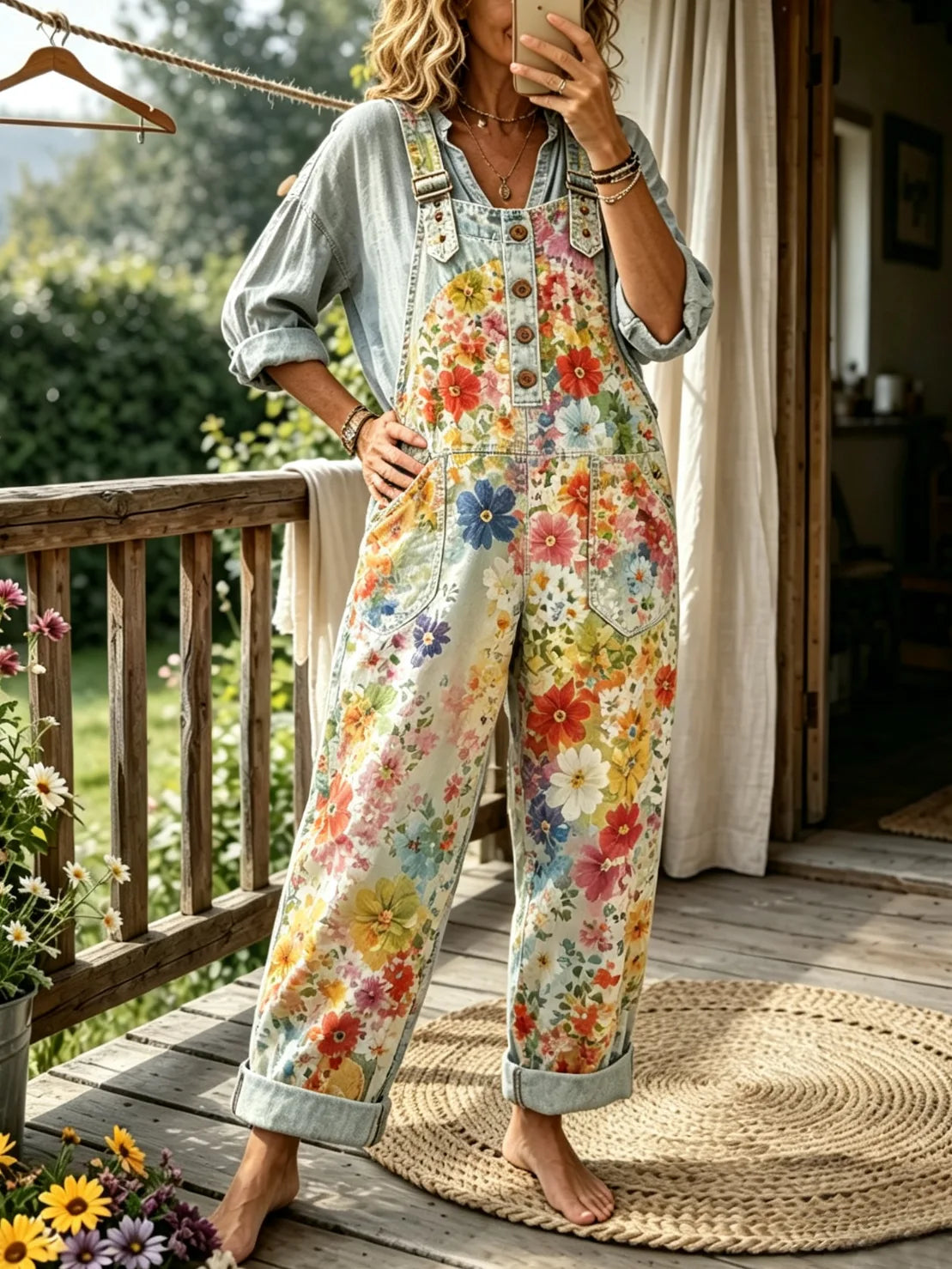 Women's Allover Watercolor Floral Washed Denim Overalls