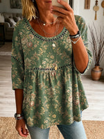 Women's Retro Floral Pattern Art Print Casual Hollow Linen Shirt