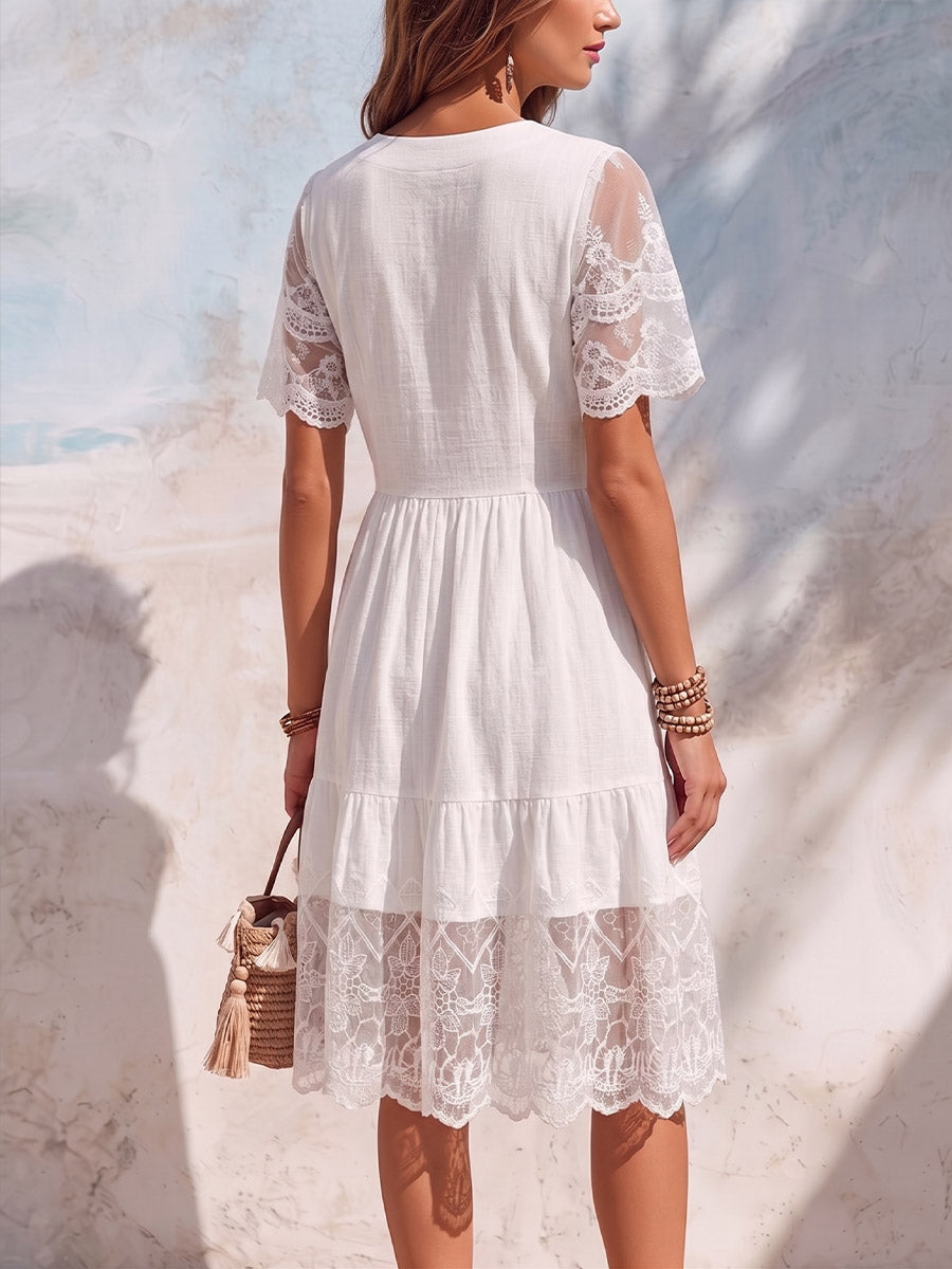 Vintage Elegant Embroidered Patchwork Cotton And Linen Dress