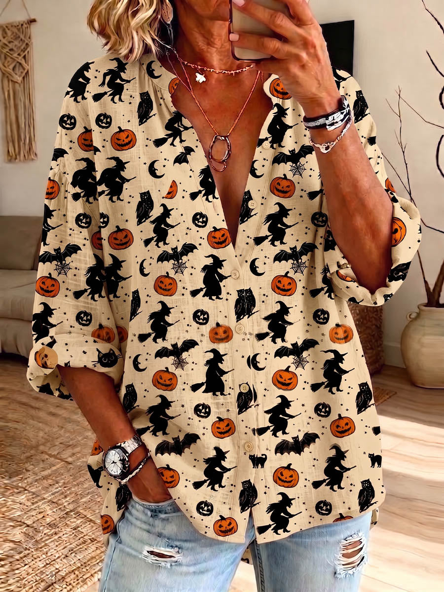 Vintage Elegant Button Long Sleeve Cotton And Linen Pumpkin Print Shirt