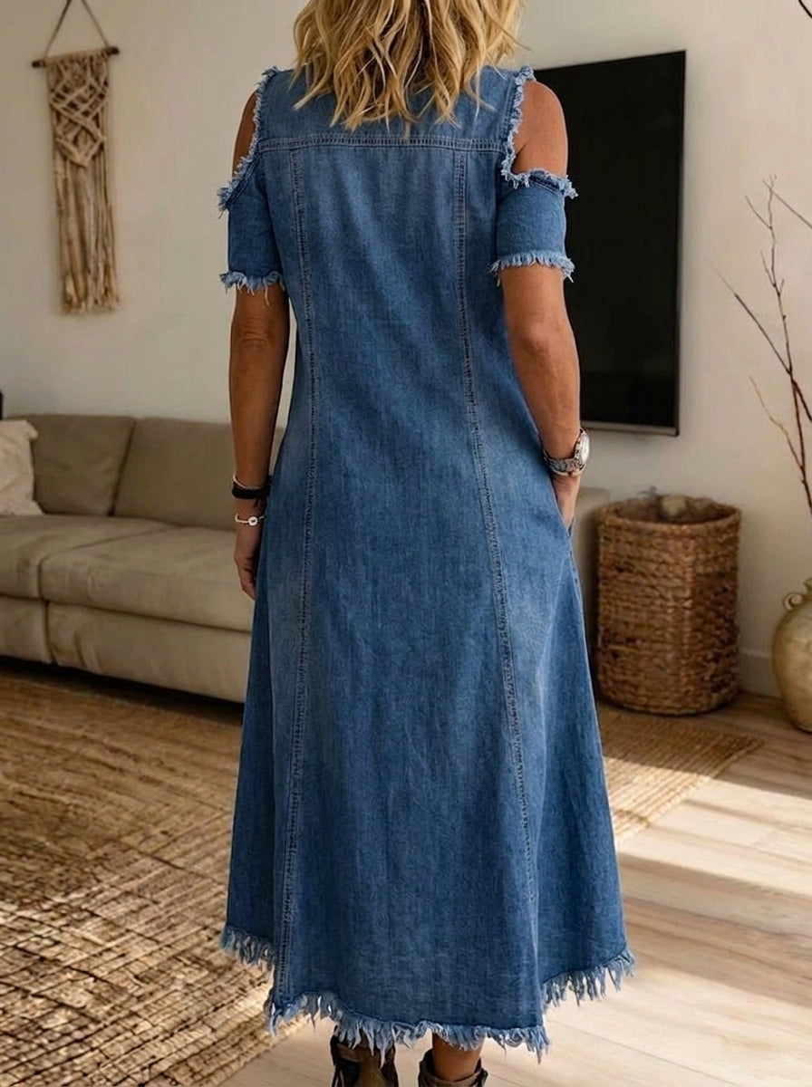 Women's Cold Shoulder Fringed Asymmetrical Hem Denim Midi Dress With Pockets