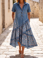 Women's Denim Leopard Patchwork Asymmetrical Tiered Maxi Dress With Pockets