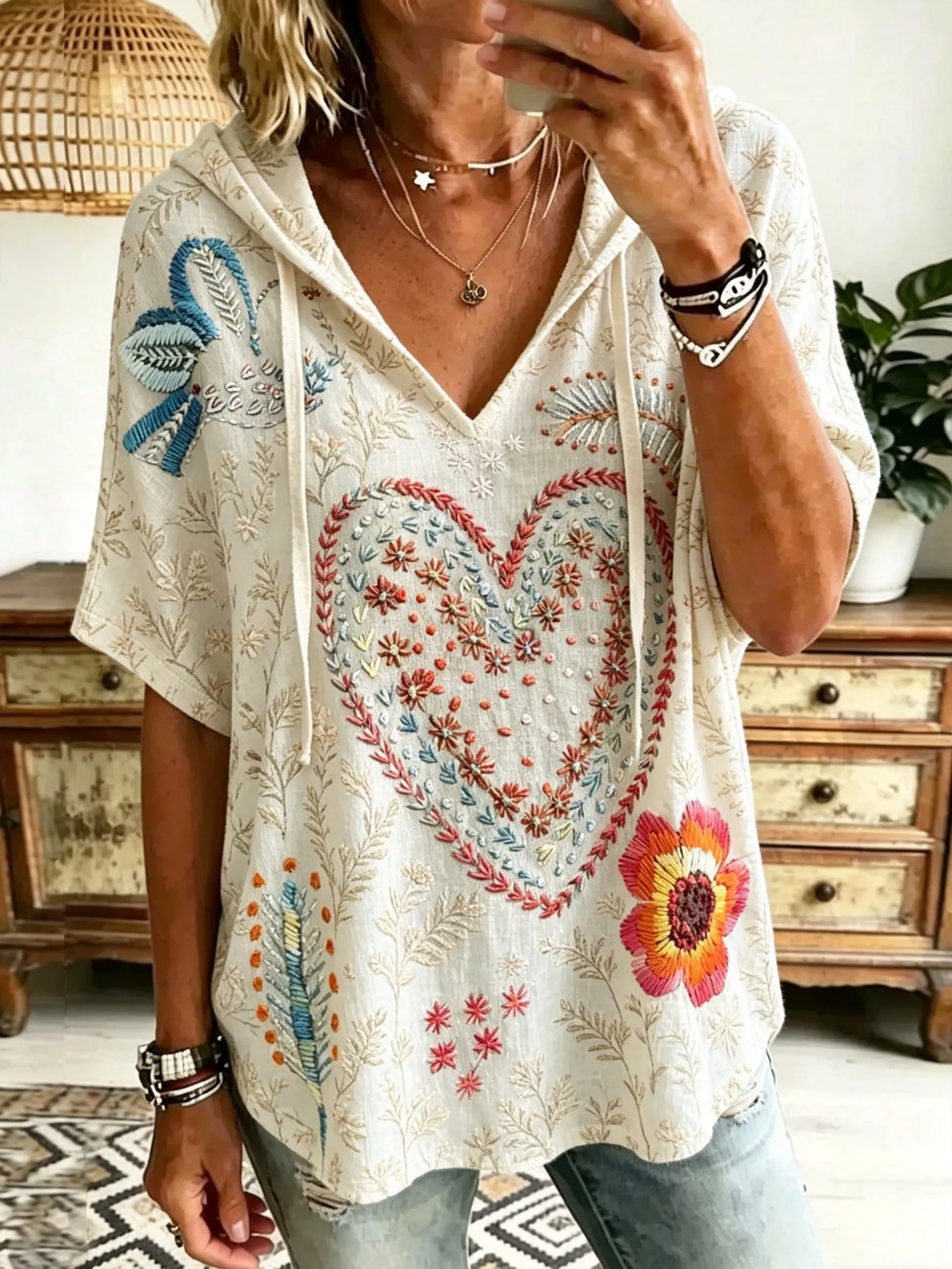 Women Heart Floral Art Print Hooded Short Sleeve Top