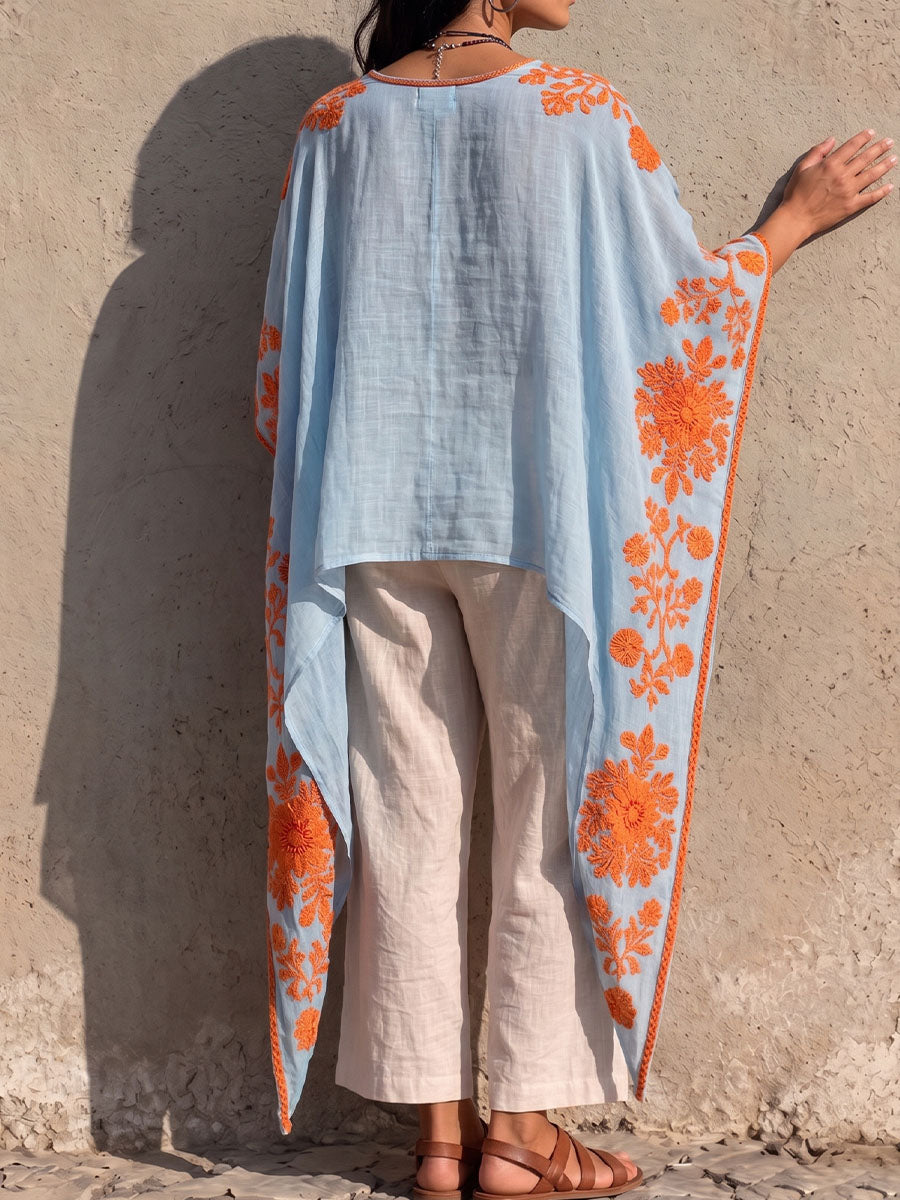 Vintage Elegant Irregular Cotton And Linen Floral Print Shirt