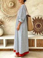 Women’s Blue White Vertical Stripe Red Trim Color Block Thin Geometric Print V-Neck Loose Swing Maxi Dress