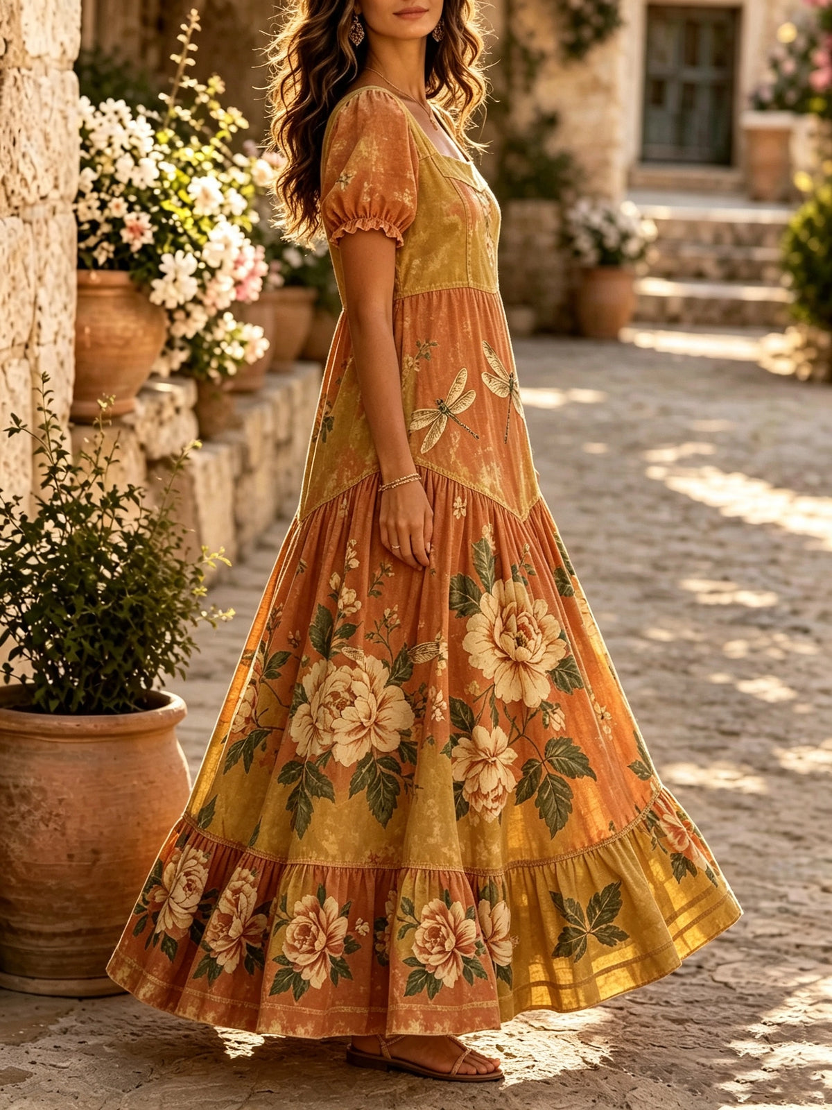 Women's Dragonfly Rose Square-Neck Maxi Dress