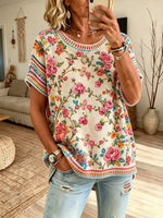 Women's Off-White Base Vintage Rose Floral Stripe Print Crew Neck Loose Short Sleeve Knit Top