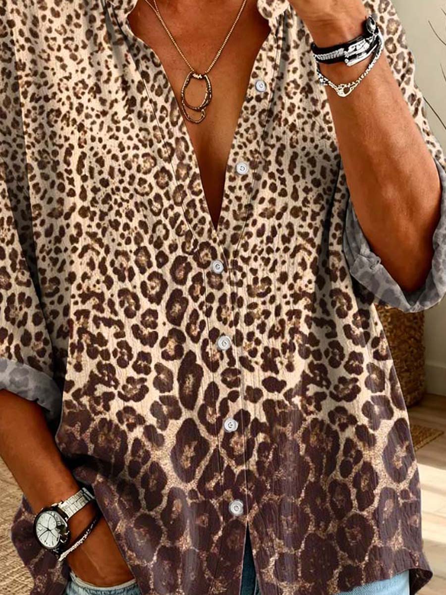 Women's Leopard Pattern Art Print Casual Long Sleeve Cotton Linen Shirt