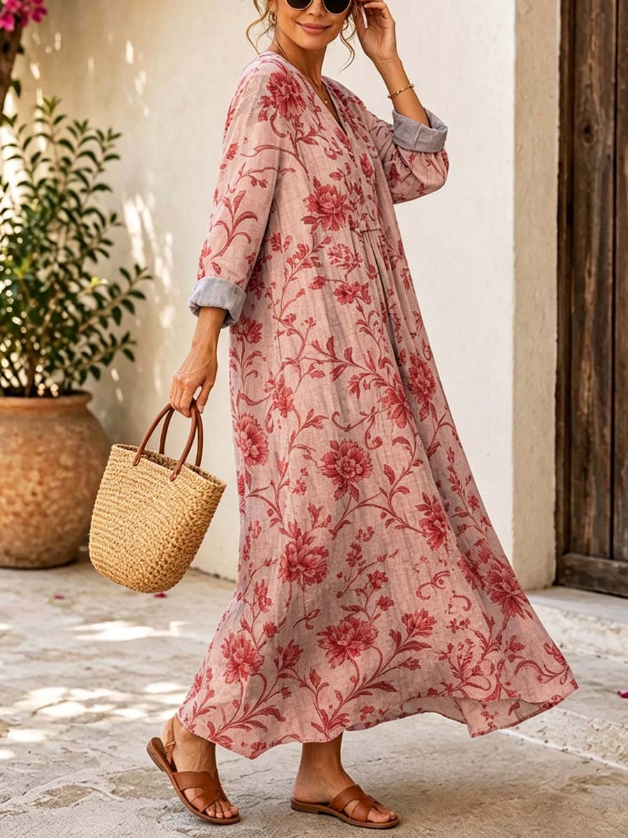 Retro Floral Pattern Art Print Casual V-neck Long Sleeve Cotton Linen Maxi Dress