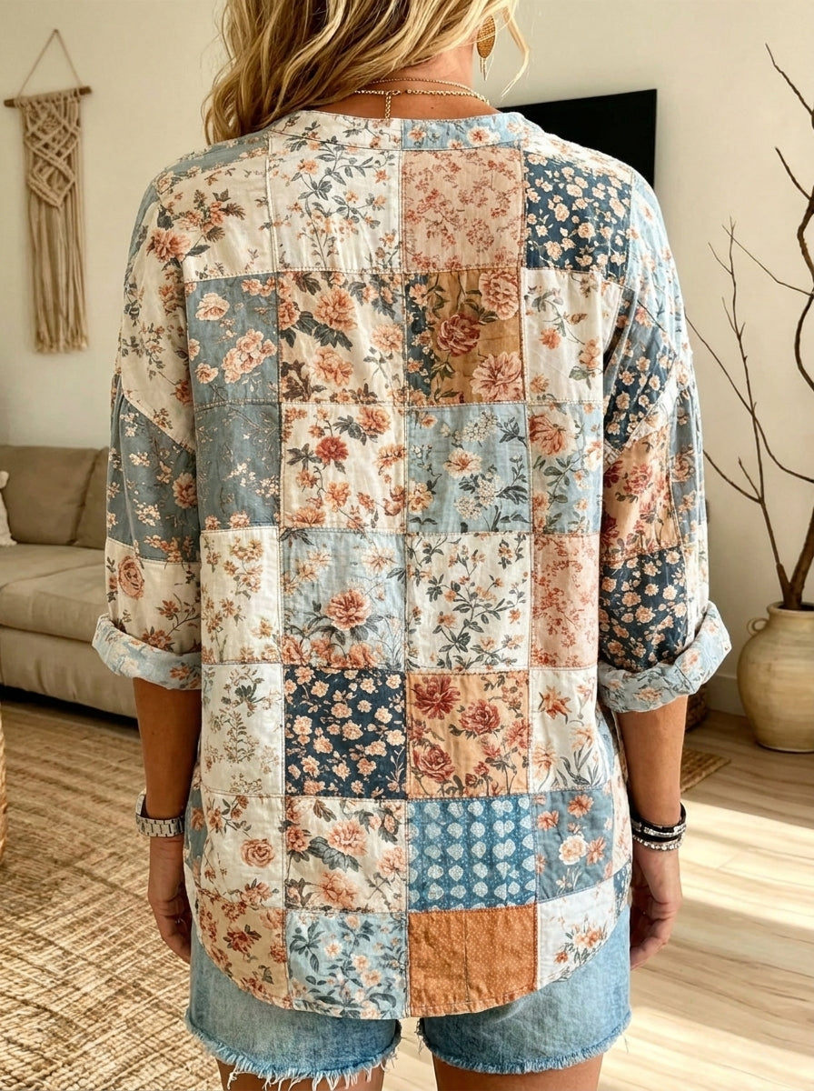 Women’s Soft Vintage Floral Patchwork Ruffle Collar Loose Button Down Blouse