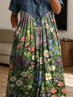 Vintage Floral Pattern Art Print Casual Stylish Lapel Denim Patchwork Dress
