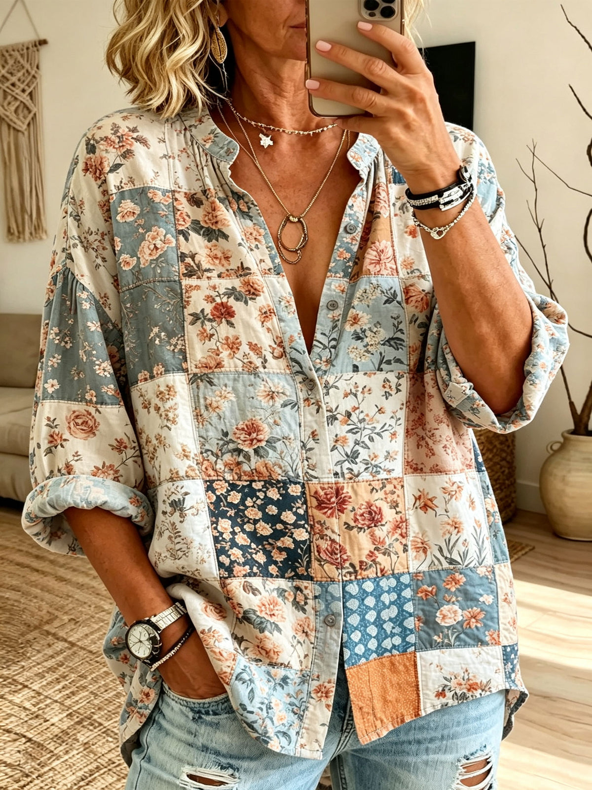 Women’s Soft Vintage Floral Patchwork Ruffle Collar Loose Button Down Blouse