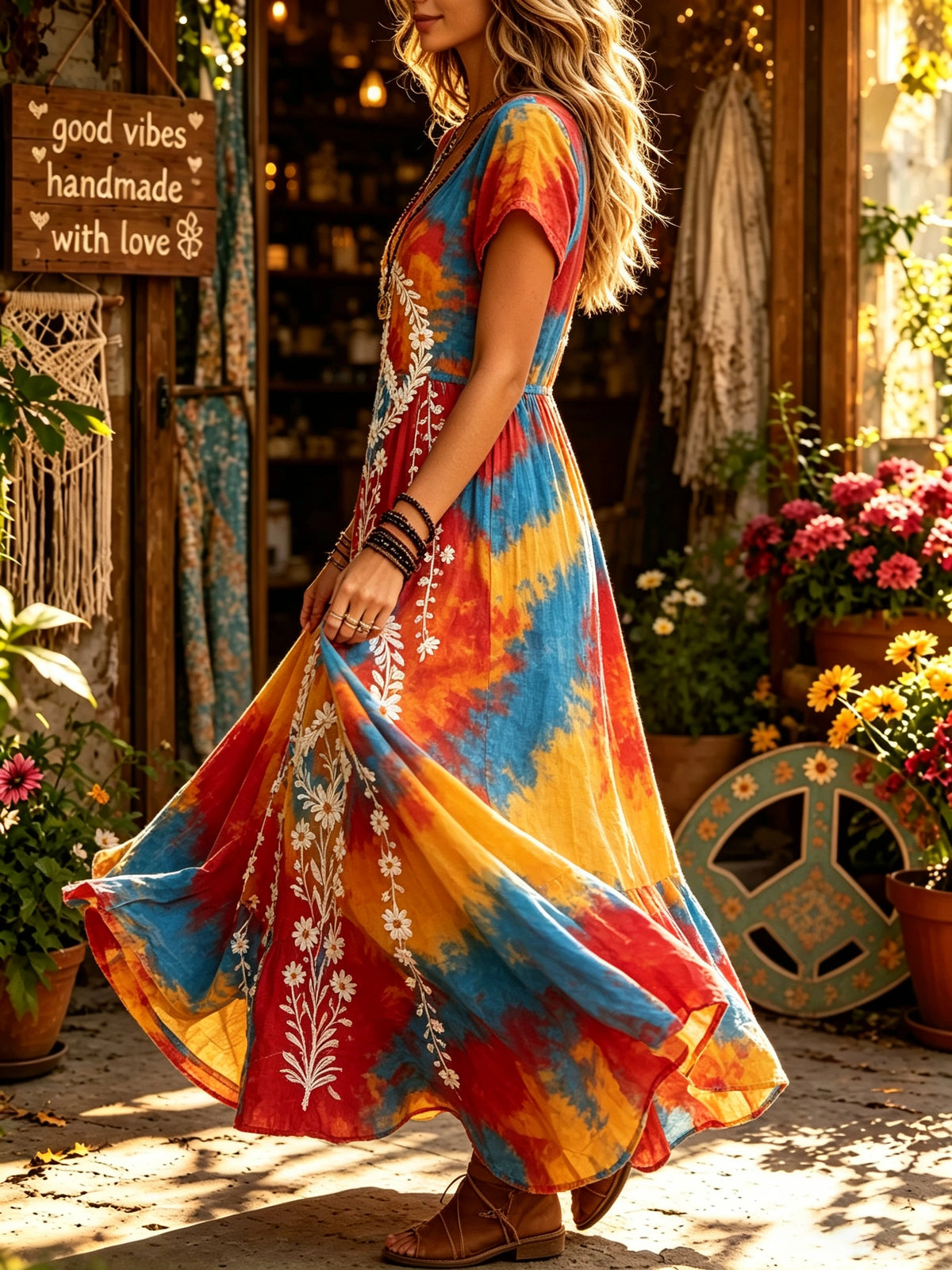 Women's Tie-Dye Daisy Peace Print Maxi Dress