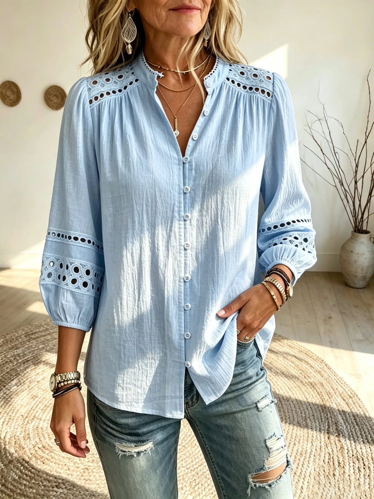 Women's Hollow Eyelet Texture Stand Collar 3/4 Puff Sleeve Blouse