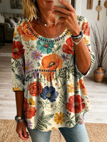 Women's Floral Pattern Art Print Casual Hollow Short Sleeve Linen Shirt