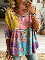 Women Color Block Floral Hollow Lace Print Babydoll Blouse