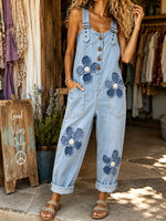 Women's Frayed Floral Patch Denim Overalls