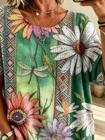 Women's Green Base Dragonfly Daisy Ethnic Geometric Print Crew Neck Loose Short Sleeve Top