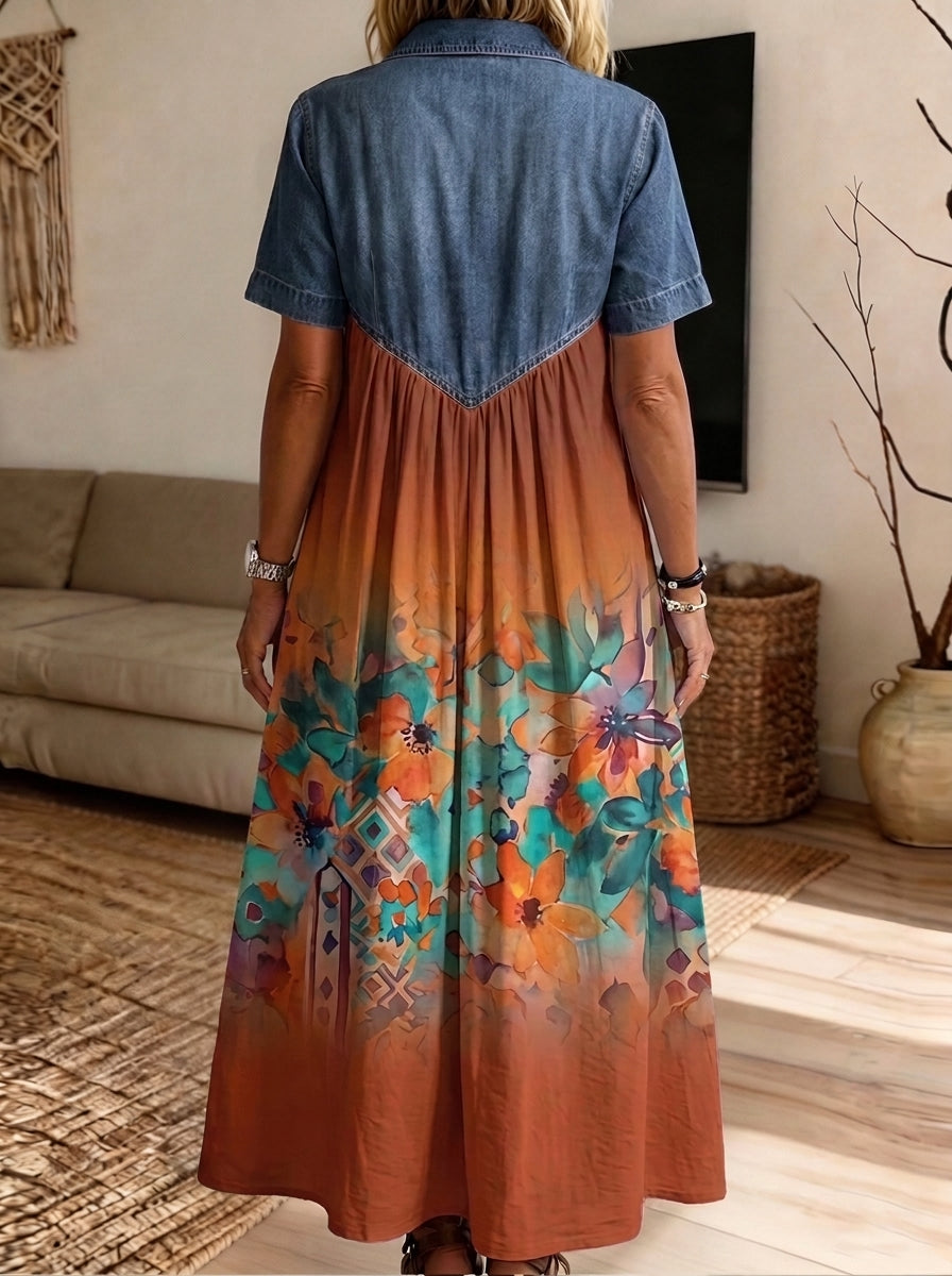 Women’s Denim Spliced Gradient Tropical Floral Midi Shirt Dress With Pockets