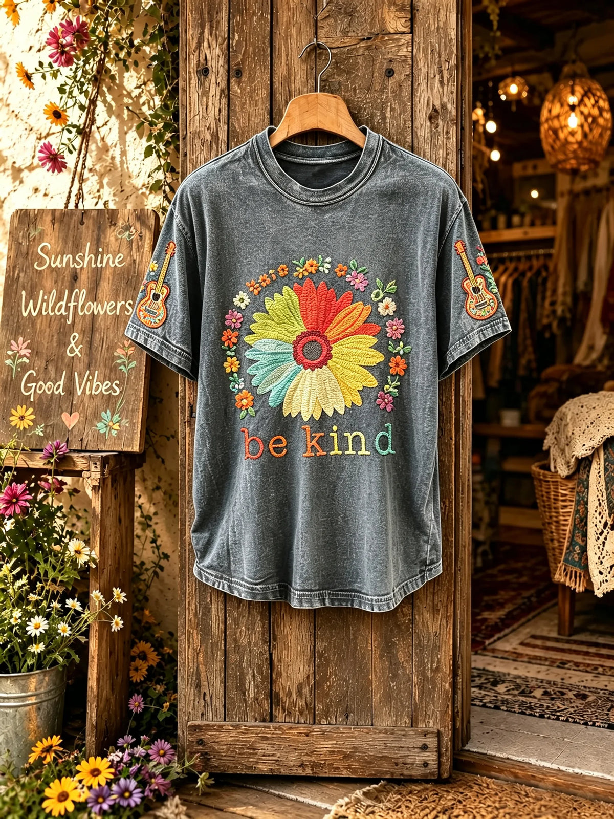 Unisex Rainbow Flower “Be Kind” Slogan Print Short Sleeve T-Shirt