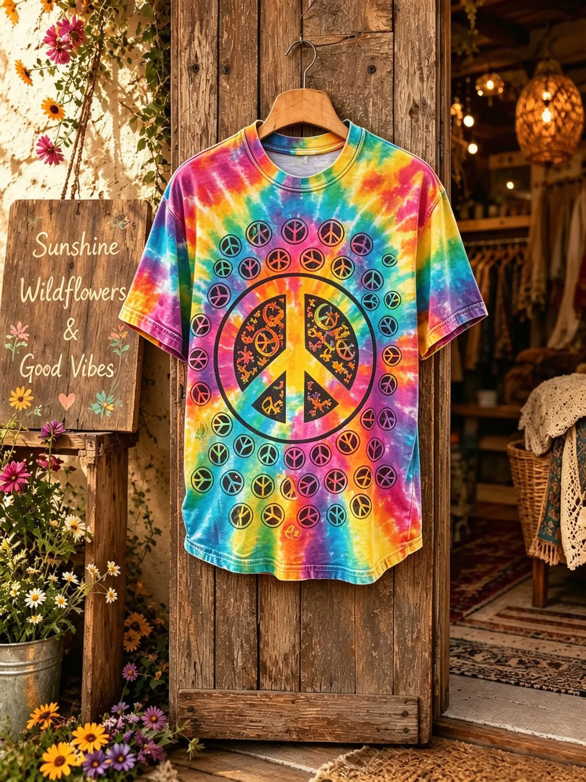 Unisex Rainbow Tie-Dye Peace Sign Circle Print Short Sleeve T-Shirt
