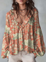 Women's Floral Pattern Art Print Ruffle Casual Long Sleeve Cotton Linen Shirt