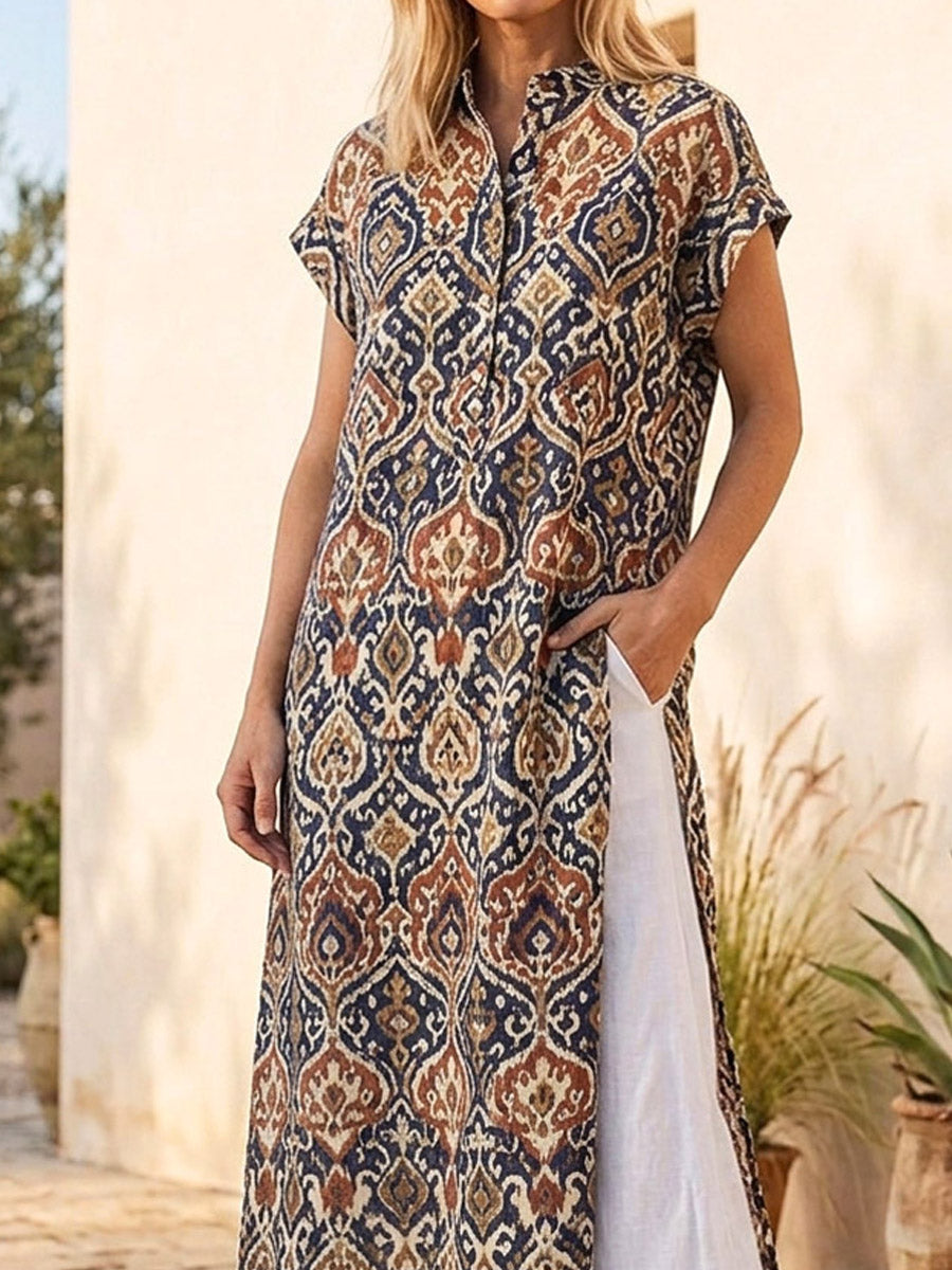 Retro Ethnic Floral Pattern Art Print Casual Side Slits Stylish Cotton Linen Shirt