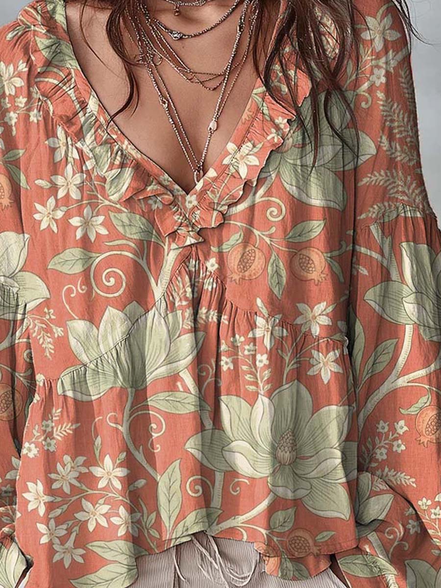 Women's Floral Pattern Art Print Ruffle Casual Long Sleeve Cotton Linen Shirt