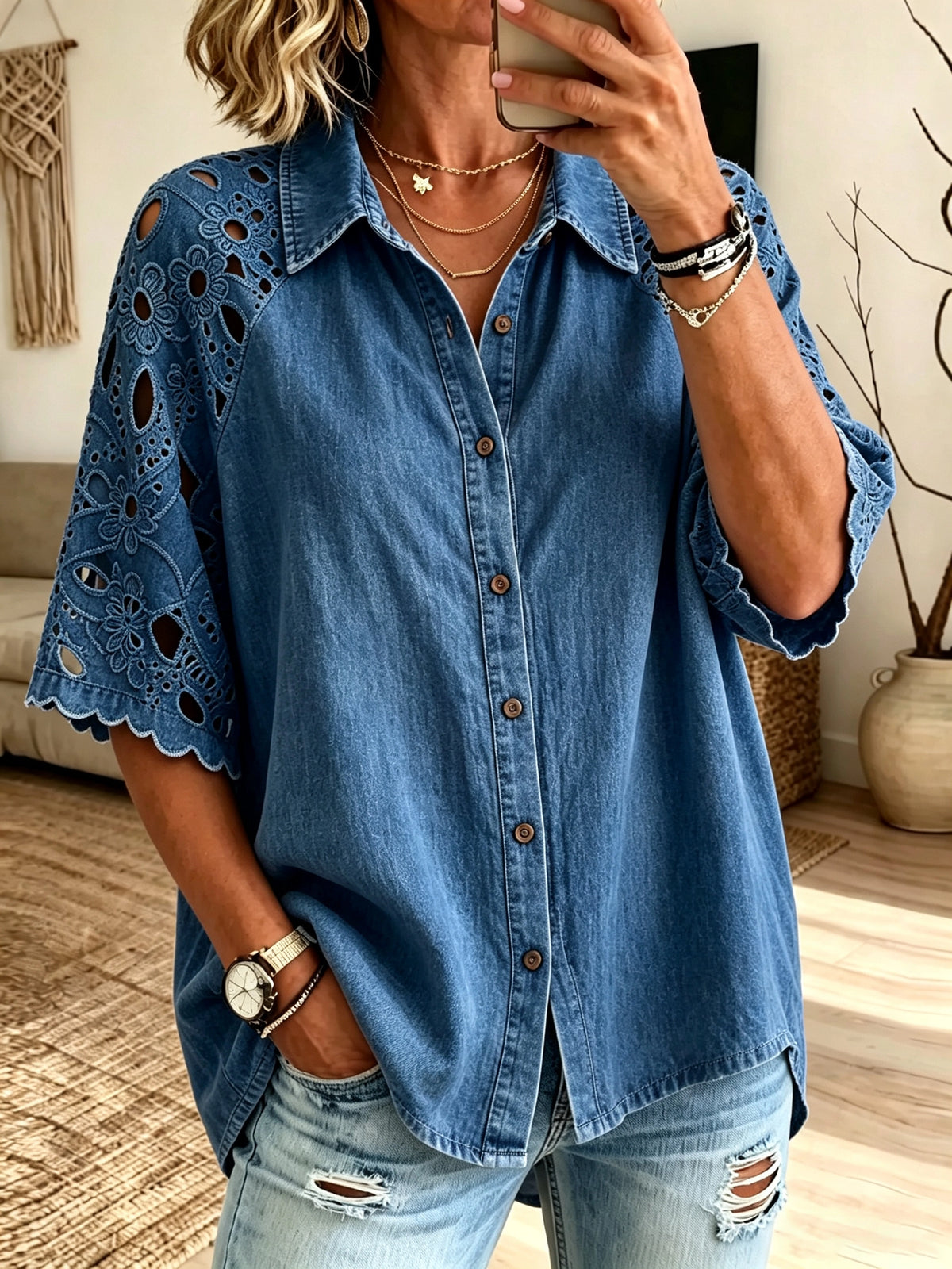 Women's Cutout Lace Sleeve Denim Shirt