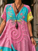 Women Sun Star Patchwork Embroidery Maxi Dress