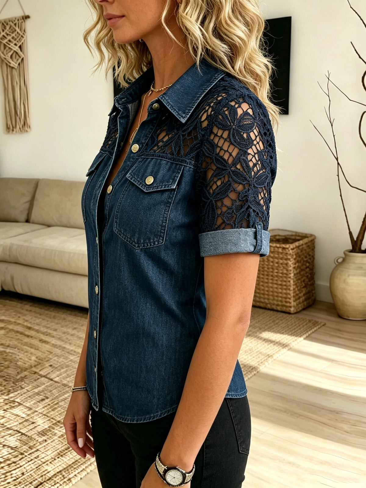 Women's Lace Yoke Short Sleeve Denim Shirt