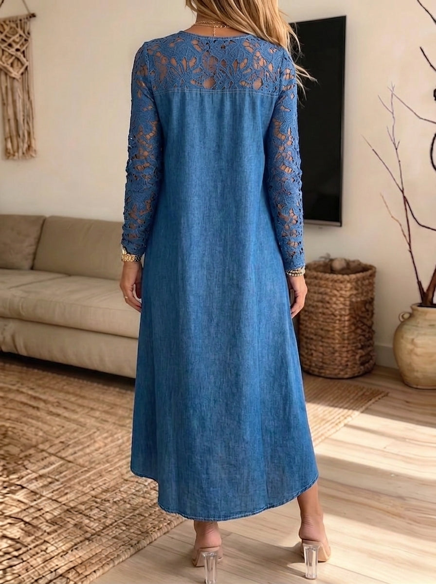 Women's Lace Spliced Denim Irregular Hem Midi Dress With Pockets