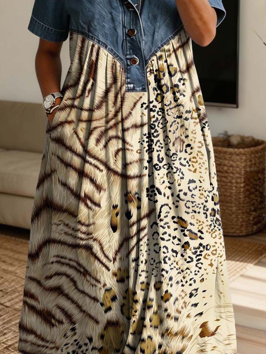 Retro Leopard Pattern Art Print Casual Stylish Lapel Denim Patchwork Dress