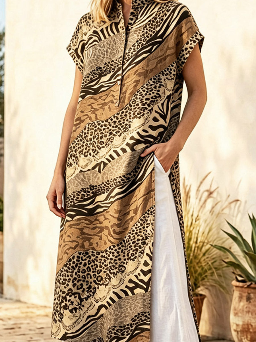 Retro Leopard Patchwork Pattern Art Print Casual Side Slits Stylish Cotton Linen Shirt